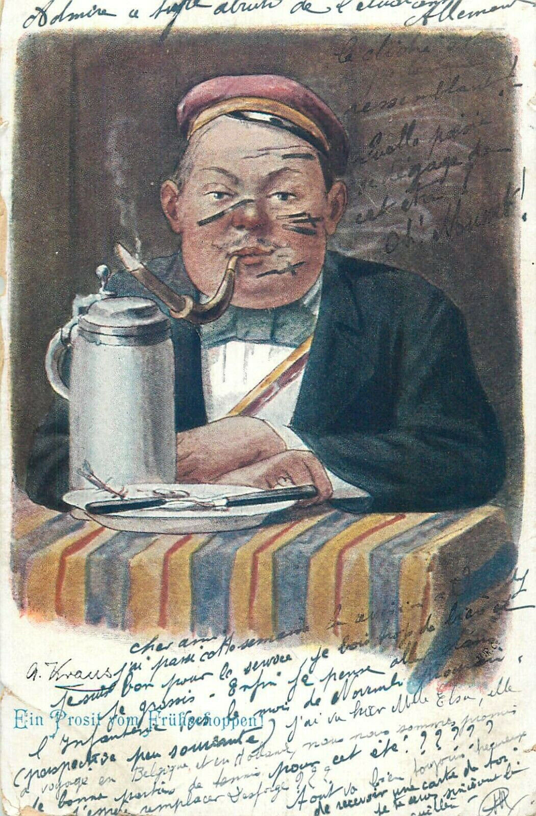 Heidelberg fencing school student with scars caricature pipe & beer humor 1902