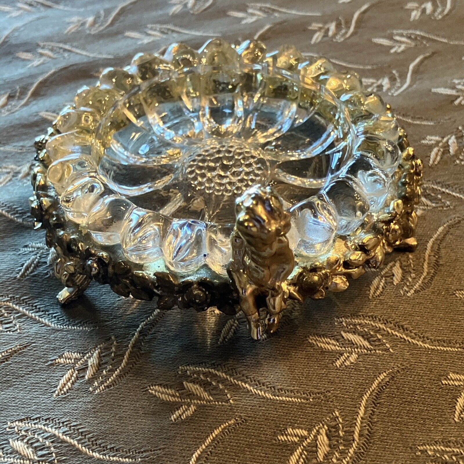 Vintage Glass Sunflower Trinket Dish With Cherub