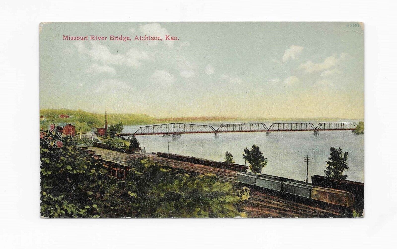Vintage Postcard **MISSOURI RIVER BRIDGE * TRAINS * ATCHISON * KANSAS * KS