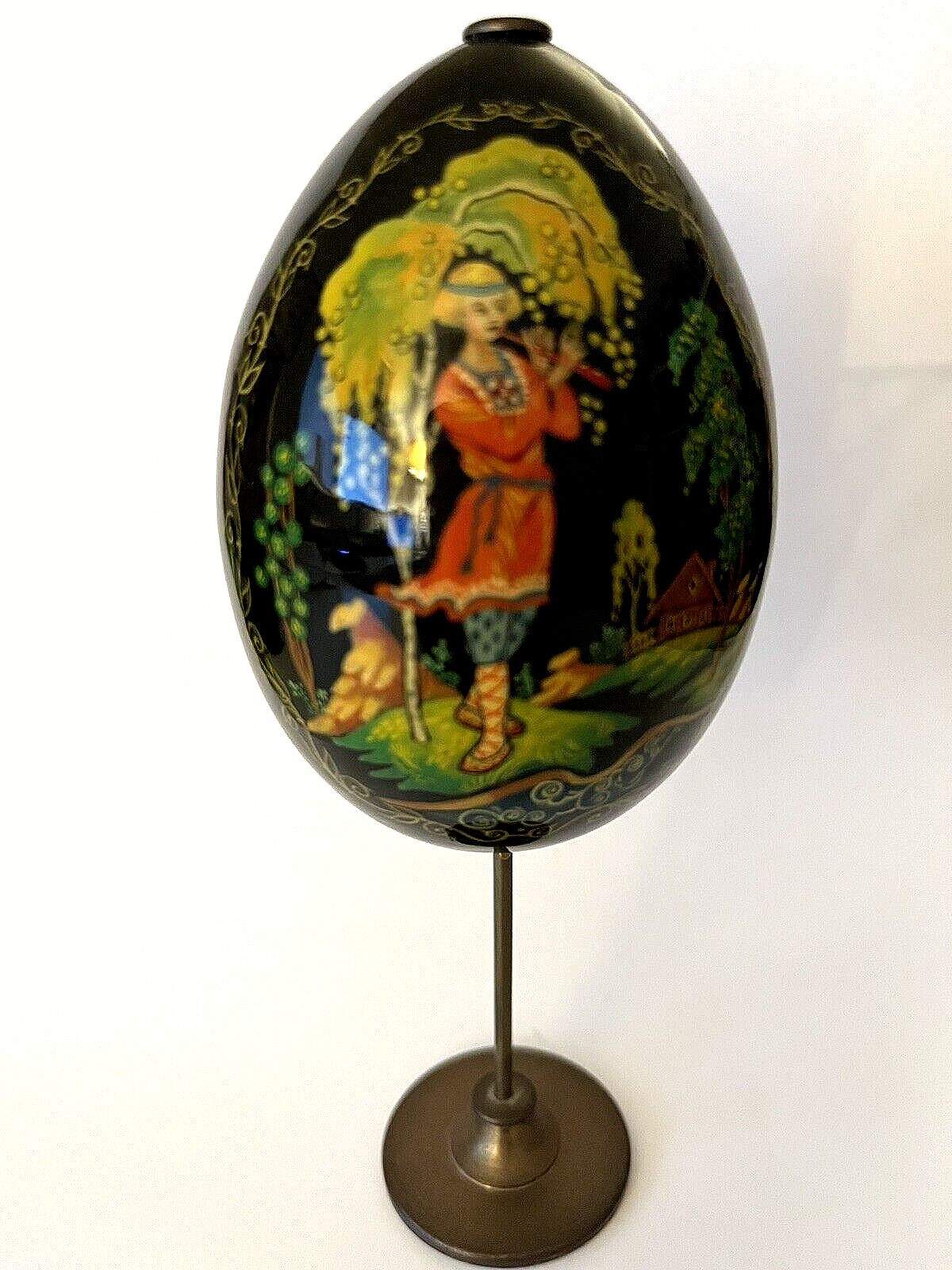 Vintage Russian Hand Painted Lacquered Wood Egg W/ Brass Stand 6\