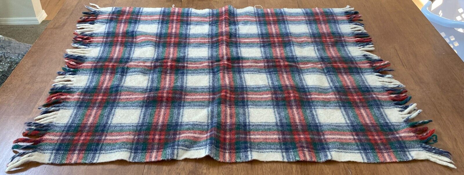1950’s WOOL PLAID BLANKET  Tartan VINTAGE (Red, white, blue and green)