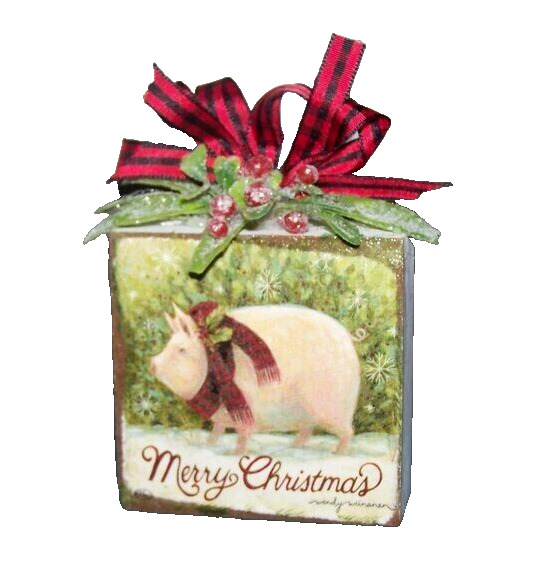 Primitive Country Merry Christmas Pig Block with Winter Greenery and Ribbon