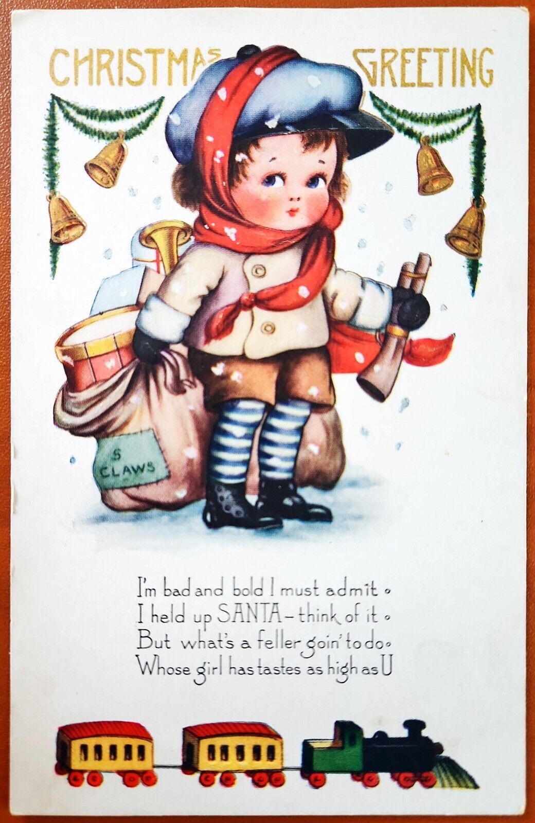 1921 Christmas Greetings Little Boy With Toys And Train Embossed Postcard