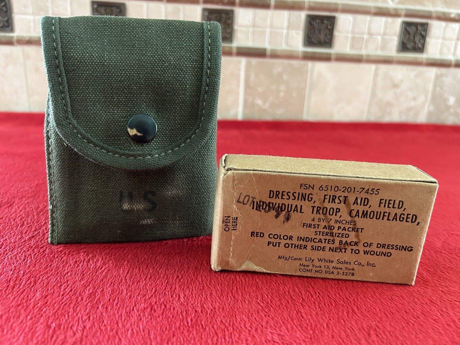 Vietnam War Dated 1959 U.S. First Aid Pouch Set M-1956 w/ Bandage