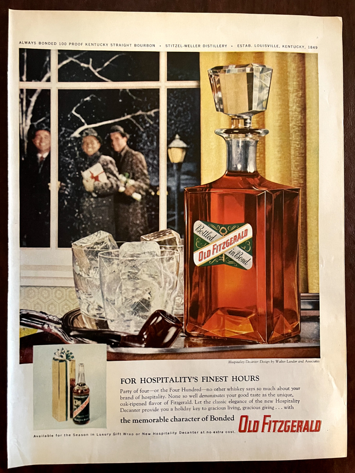 1958 OLD FITZGERALD Whiskey Vintage Print Ad Christmas Holiday Bottle Decanter