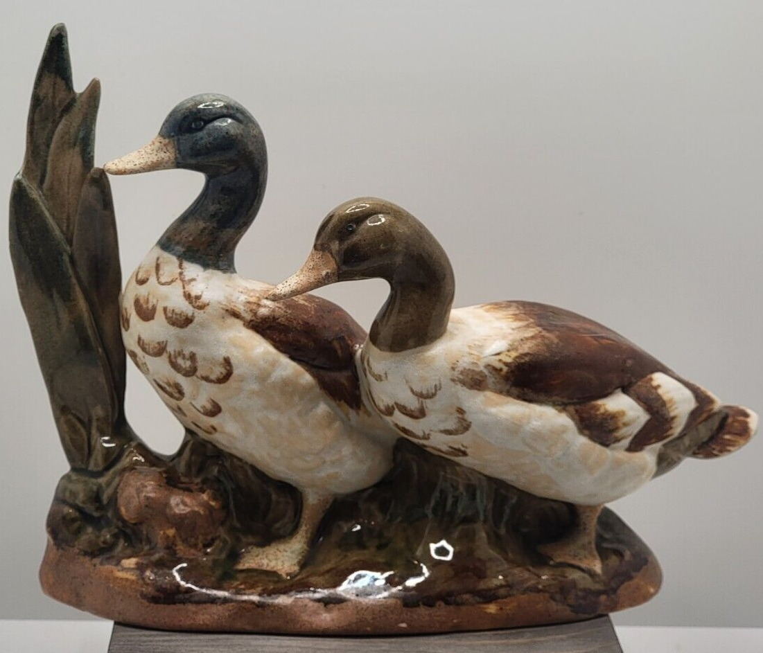 Vintage Rex Valencia Handmade Spanish Pair of Ducks In Reeds Ceramic Figurine