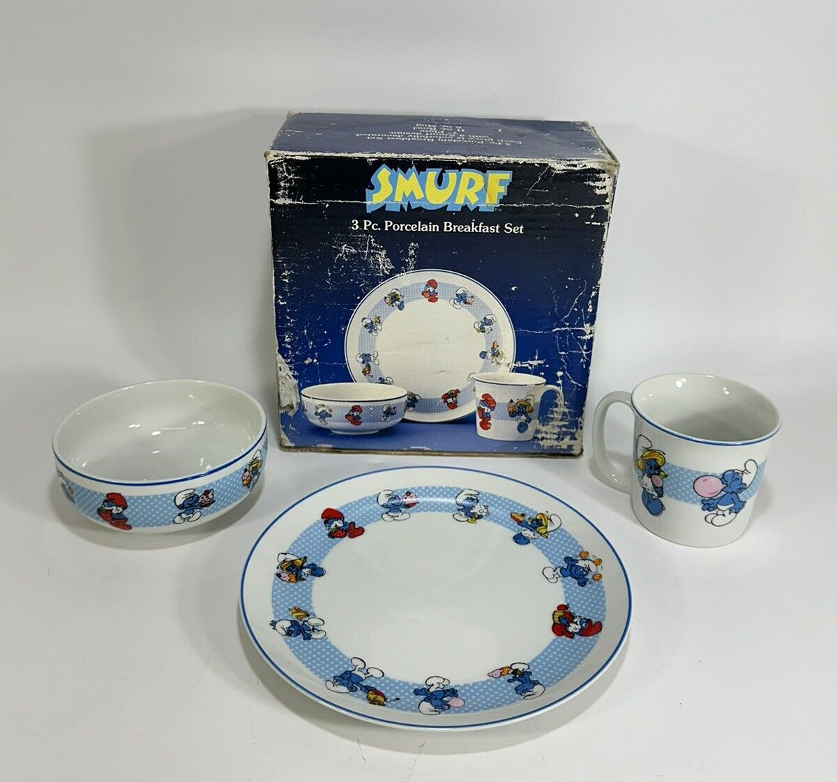 Vintage 1980\'s Smurf 3 pc. Porcelain Breakfast Set ~ Wallace Berrie ~ Japan Made