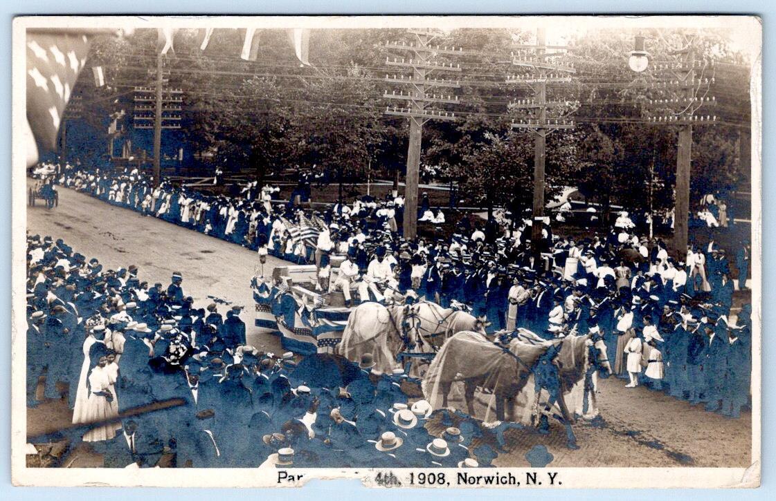 1908 RPPC 4th OF JULY PARADE NORWICH NEW YORK PATRIOTIC FLOAT HORSES (DAMAGE)
