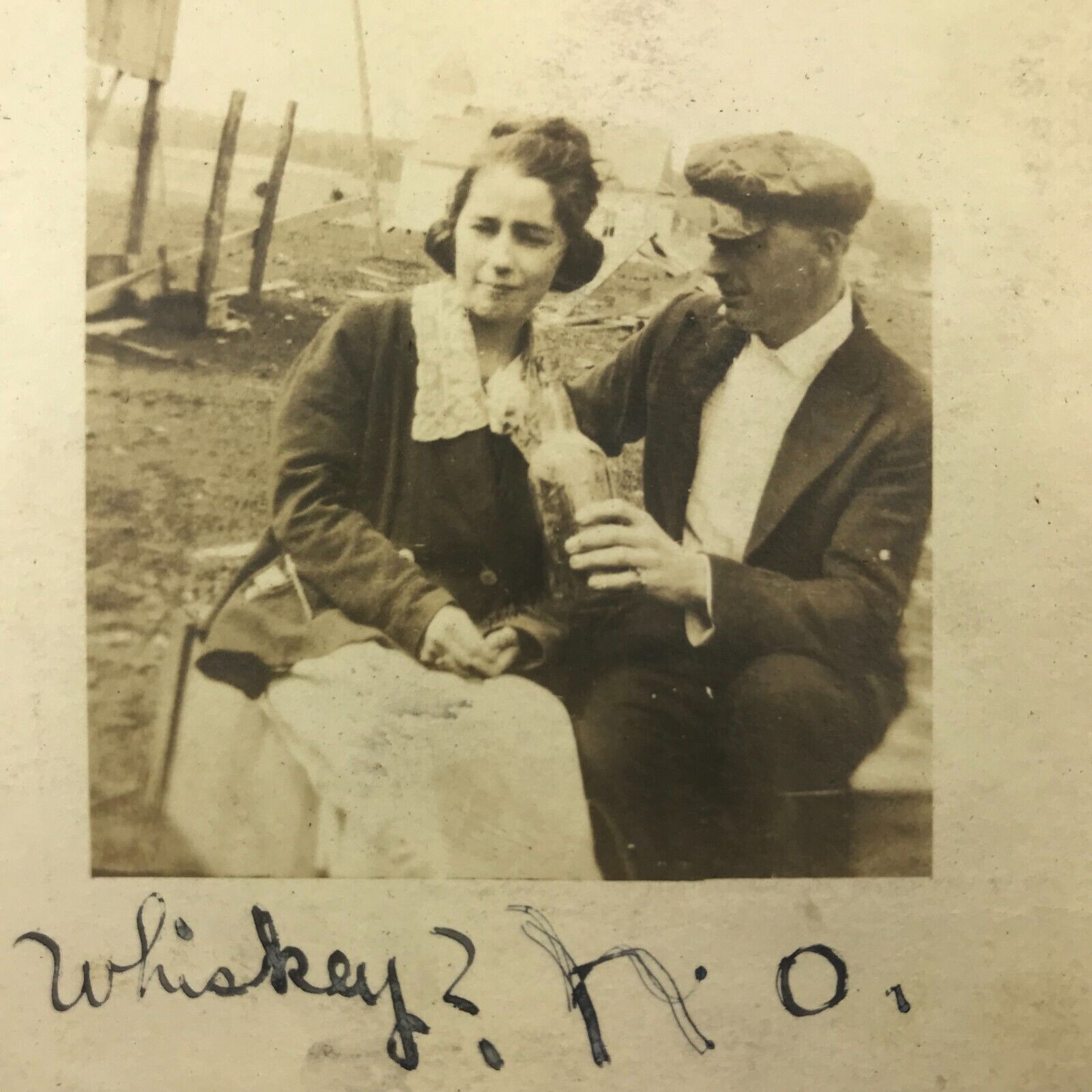 Vintage Sepia Photo Young Couple Man Woman Whiskey No Bottle Drinking Alcohol