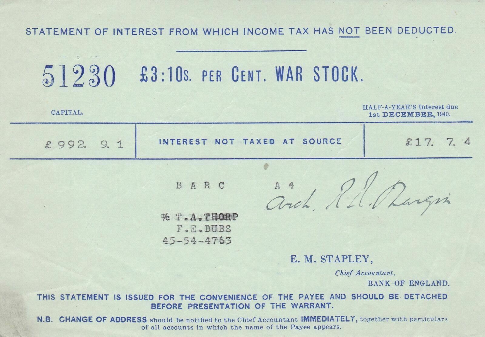 STOCK 1940 Half Years Interest Tax Not Deducted Statement Ref 48736