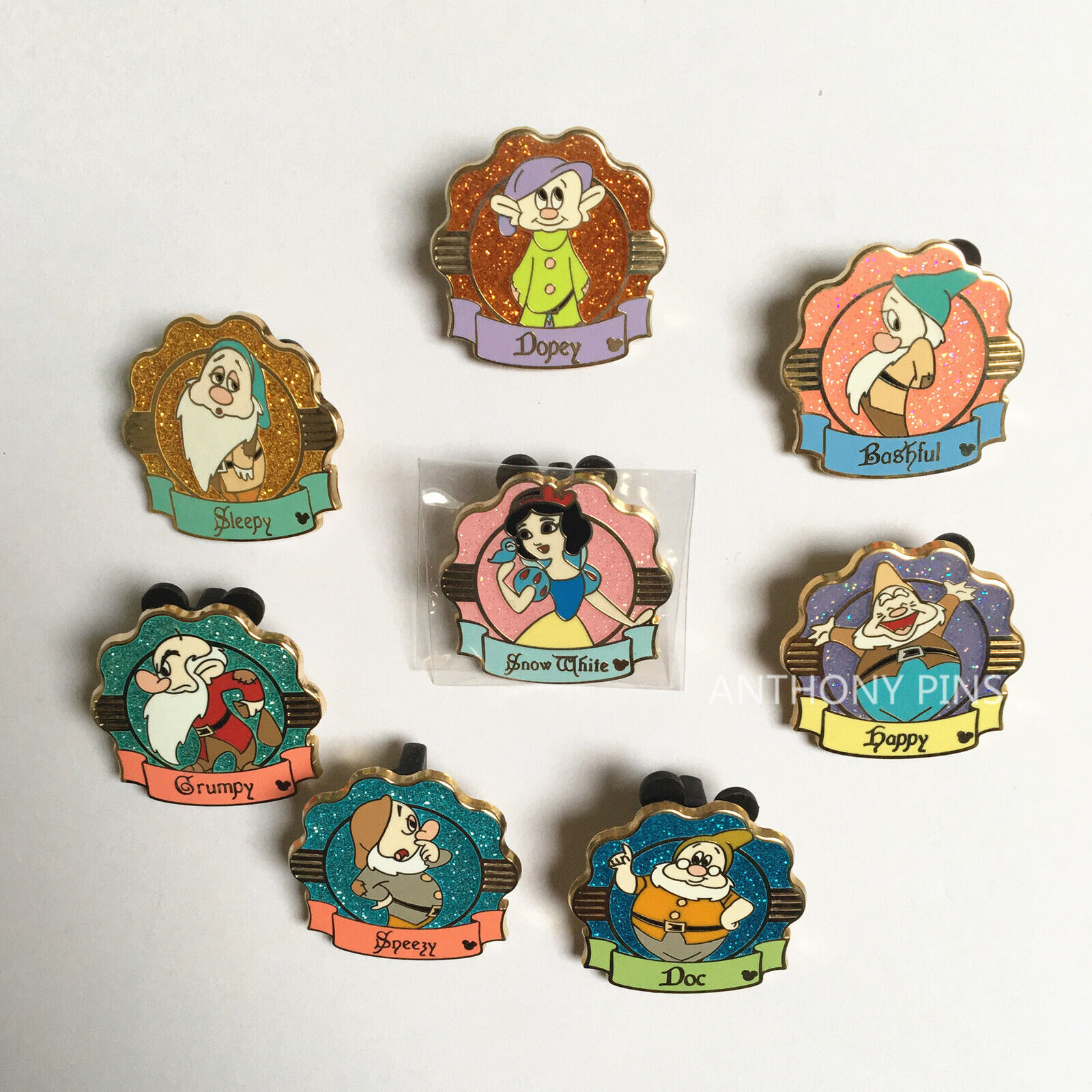 Shanghai Disney Pin SHDL Hidden Mickey HM Snow White Seven Dwarfs Set 8 Pins New