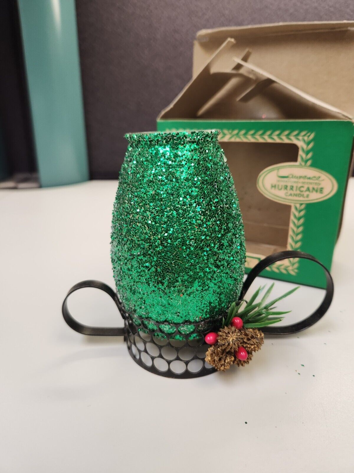 Vintage Laurence Miniature Green Bayberry Hurricane Candle Boxed Glitter W/Box