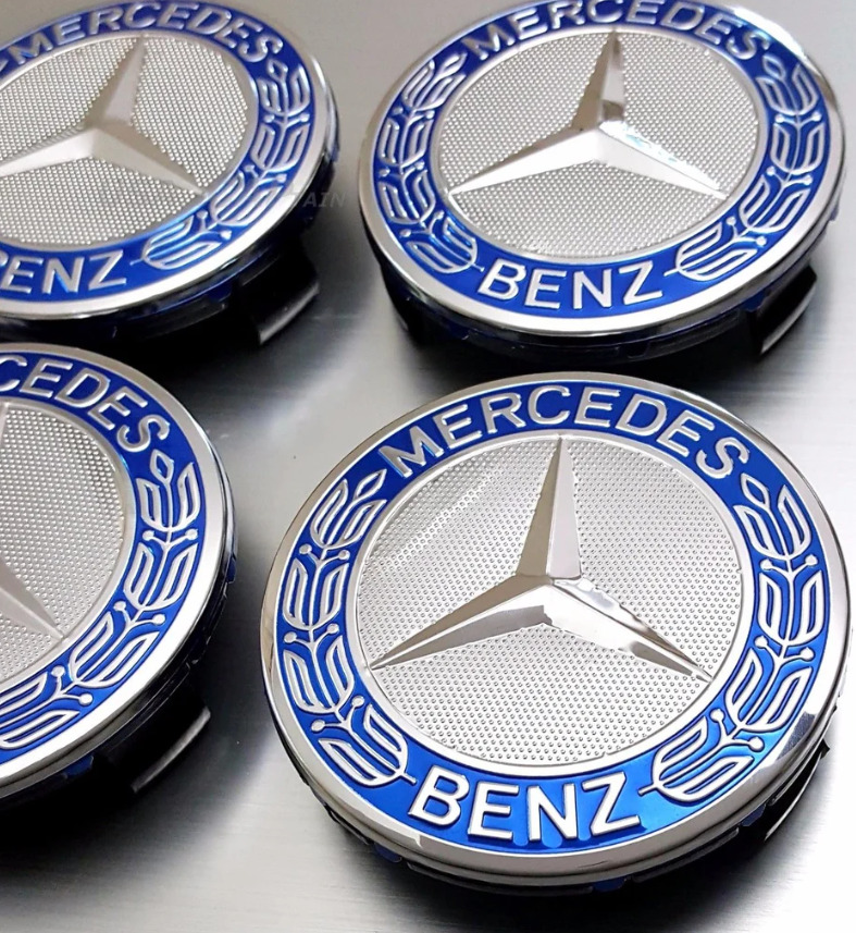 4x Blue Mercedes Benz Alloy Wheel Centre Caps 75mm Badges Hub Emblem - Fits All