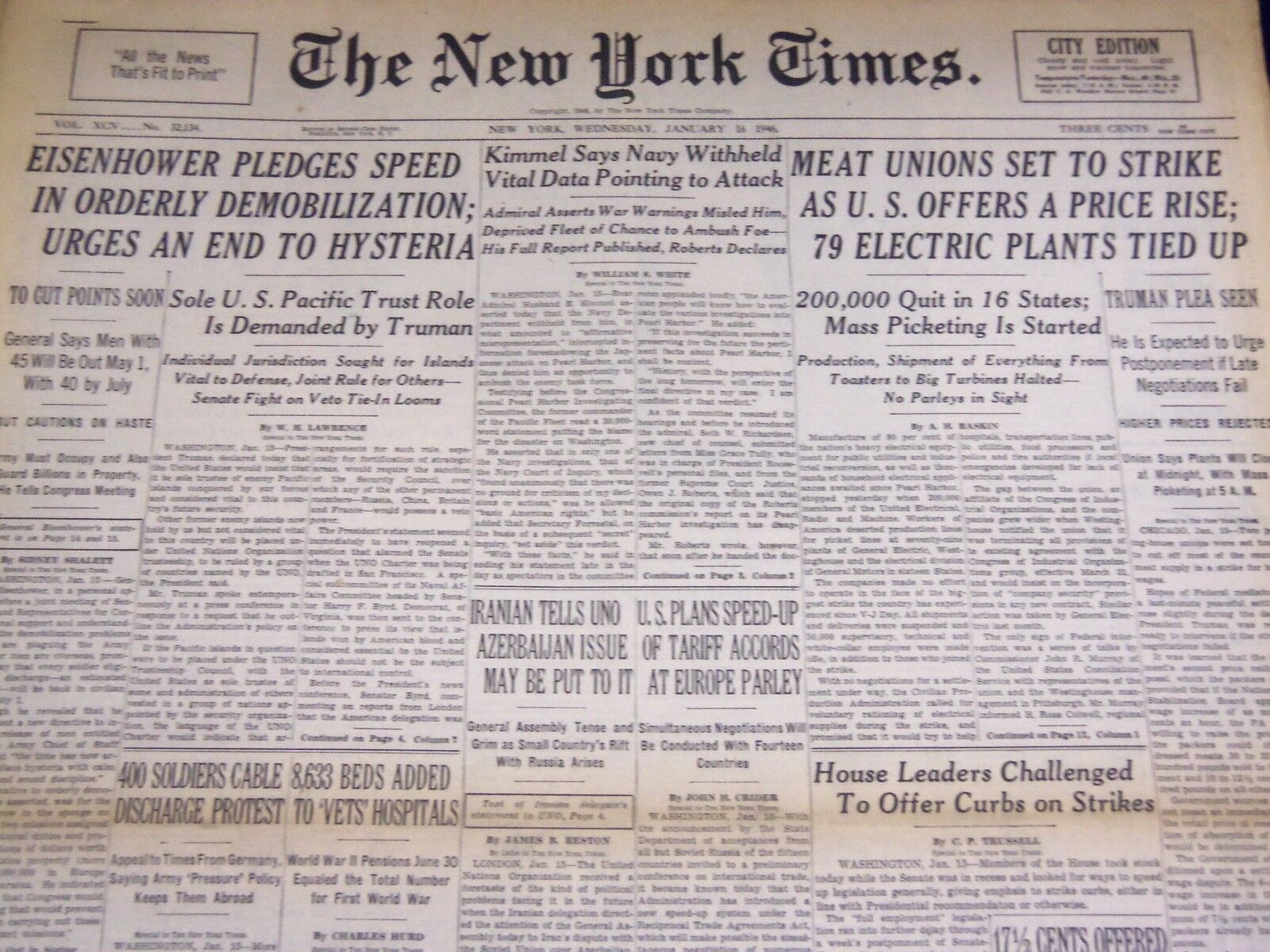 1946 JAN 16 NEW YORK TIMES - KIMMEL SAYS NAVY WITHHELD DATA POINTING - NT 2337