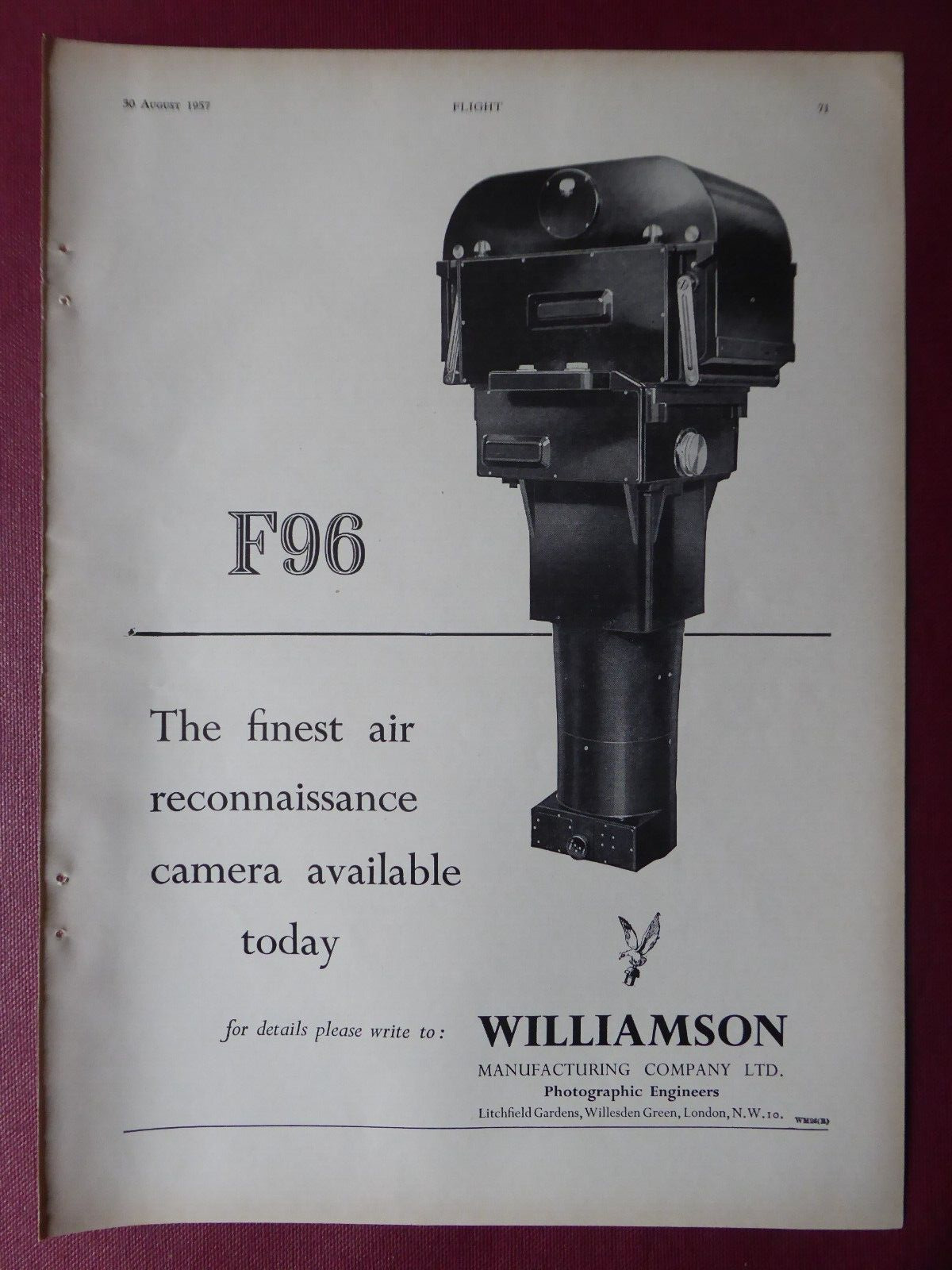 8/1957 PUB WILLIAMSON F96 AIR RECONNAISSANCE CAMERA ORIGINAL AD