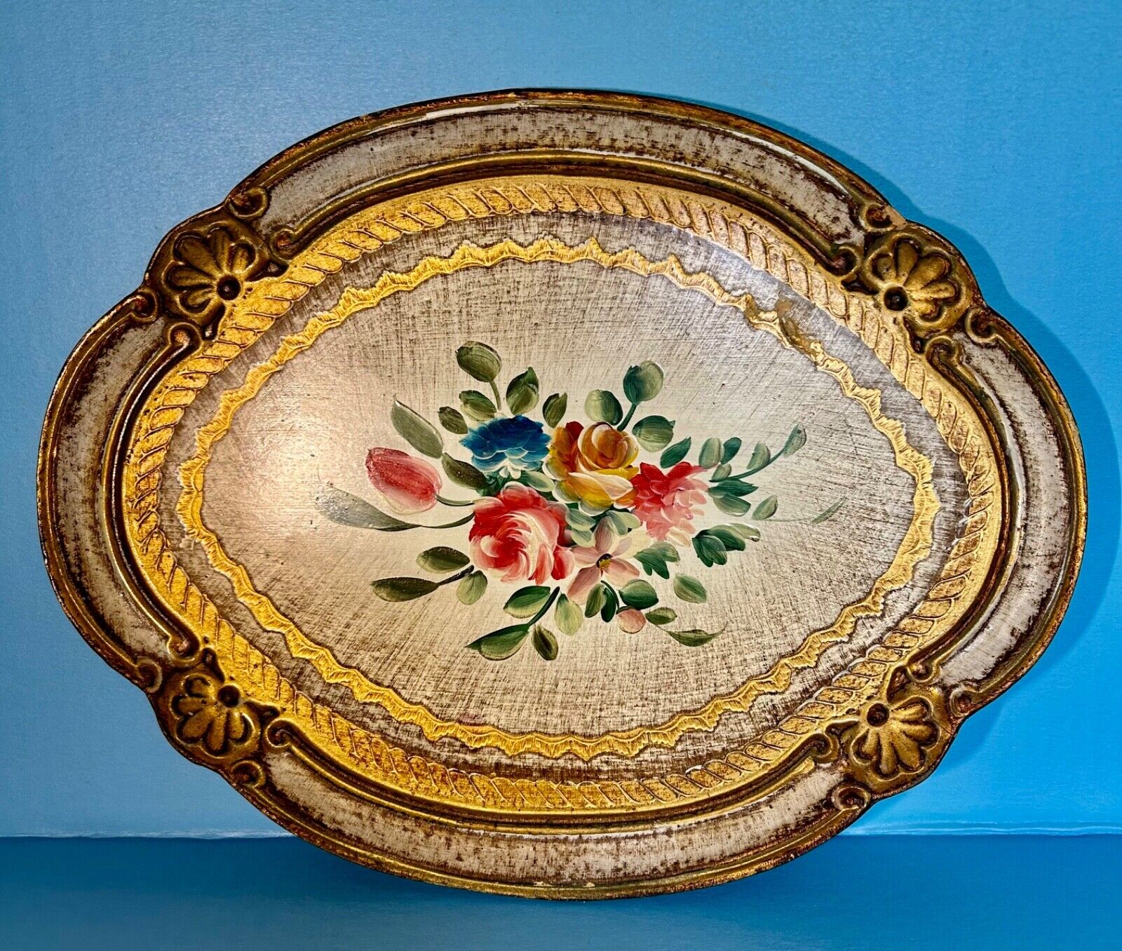 VTG Italian Wood Tray Hand Painted Legno Lavorato A Mano Wood Gold Leaf Tray