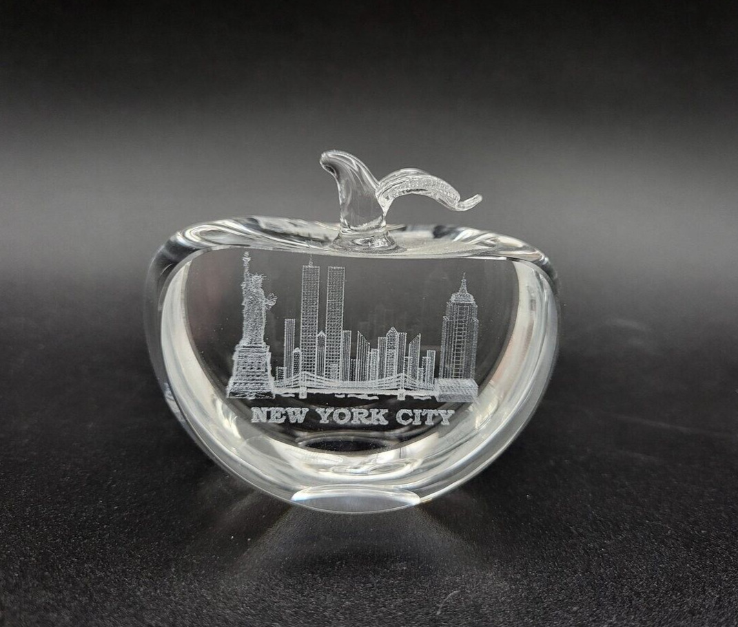Vintage Etched Crystal Glass Clear New York City Paper Weight Apple Shape
