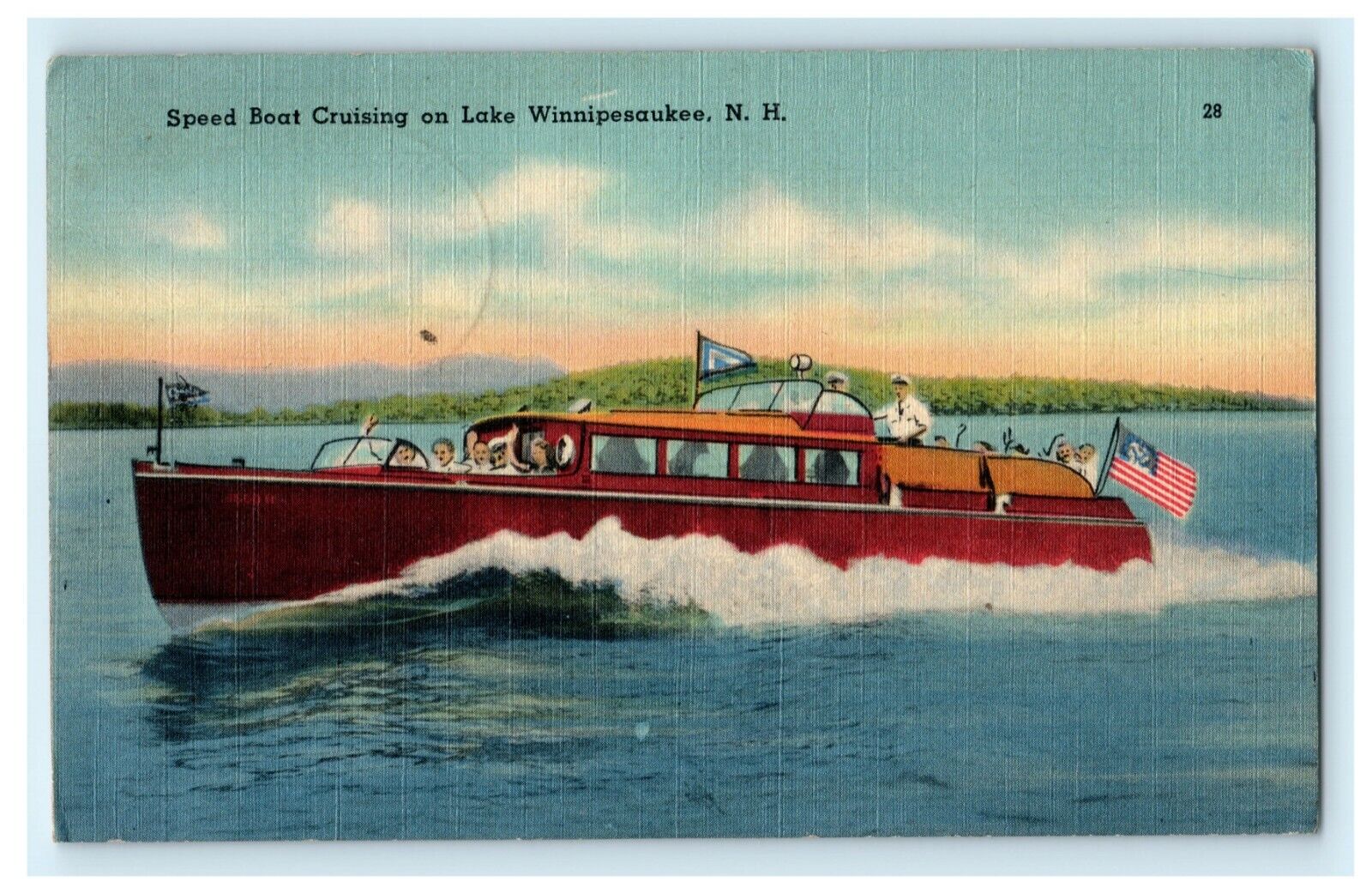 1934 Speed Boat Cruising on Lake Winnipesaukee New Hampshire NH Vintage Postcard