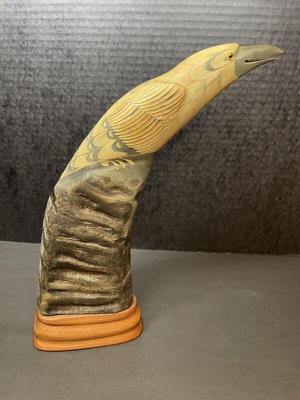 Hand Carved Water Buffalo Horn Crow Bird Sculpture Thailand Glass eyes Wood Base