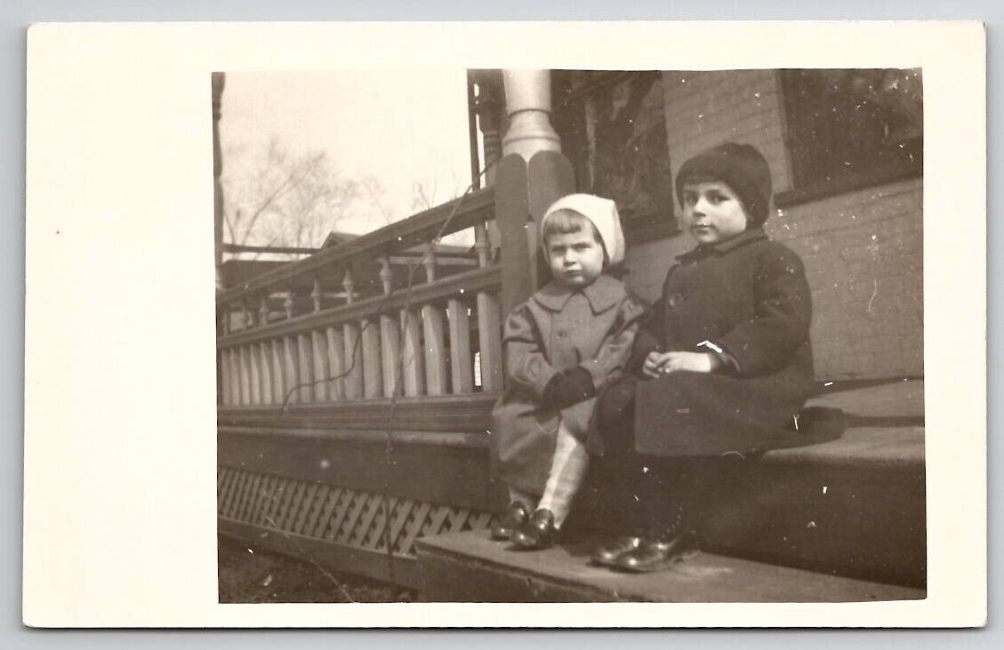 RPPC Cute Kids Of Porch Hats And Coats c1915 Real Photo Postcard T21