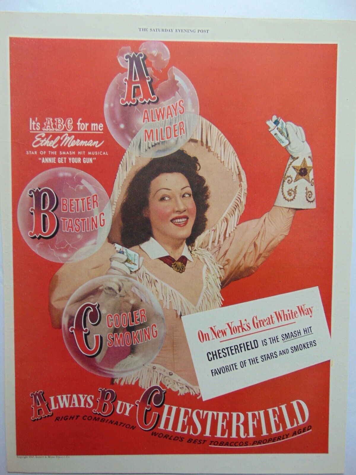 1947 CHESTERFIELD CIGARETTES Ethel Merman Favorite of the Stars art print ad