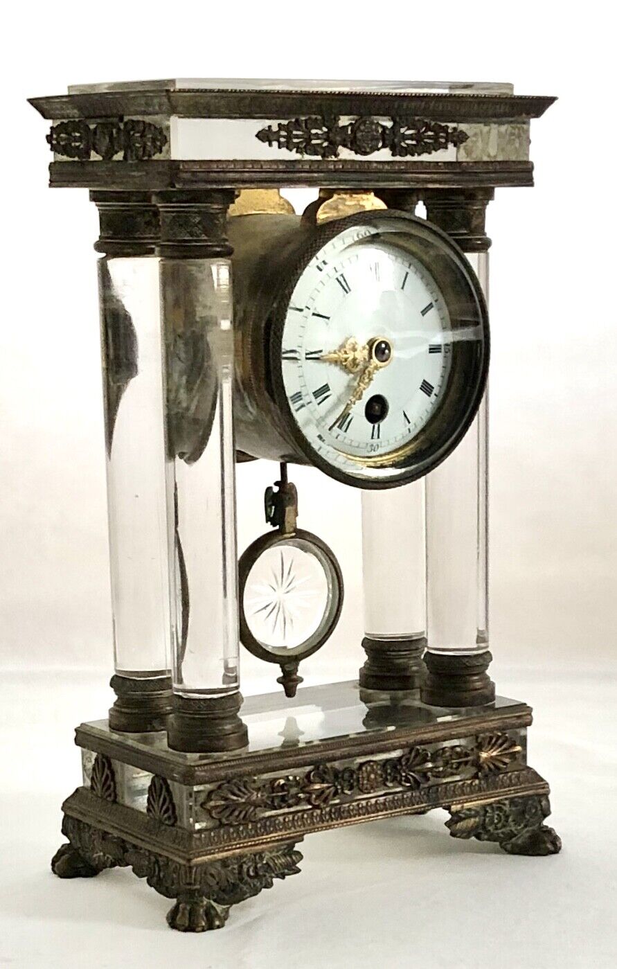 An Early 20th c Bronze Dore & Crystal Portico Pendulum Mantel Clock by C Brunier