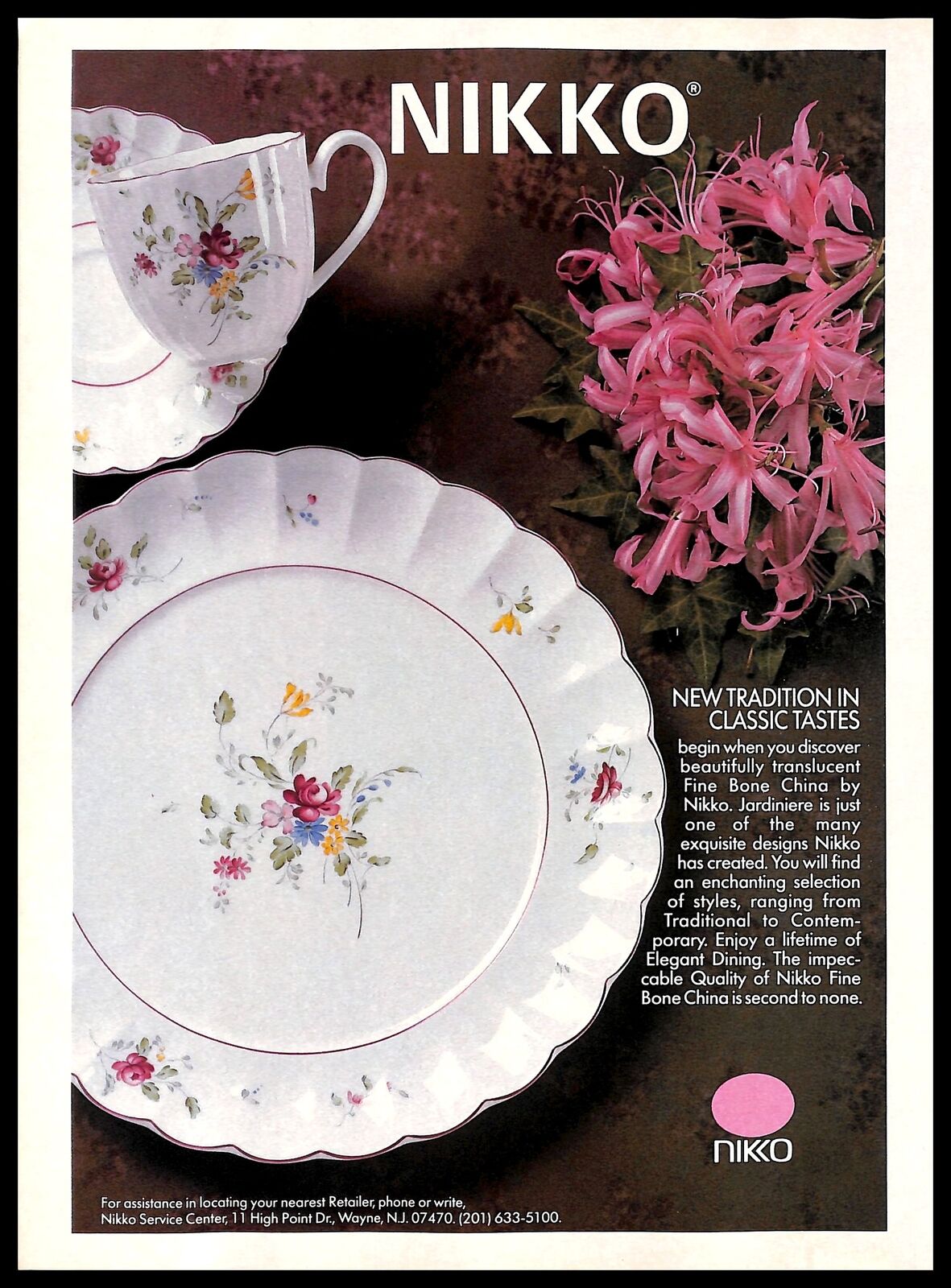 1987 Nikko Jardiniere Fine Bone China Vintage PRINT AD Floral Design Plate 1980s