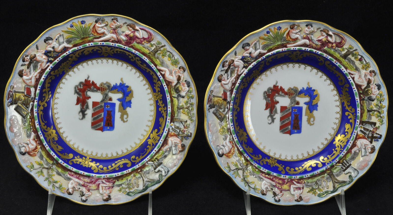 Pair of Antique Capodimonte Armorial Cherub Plates