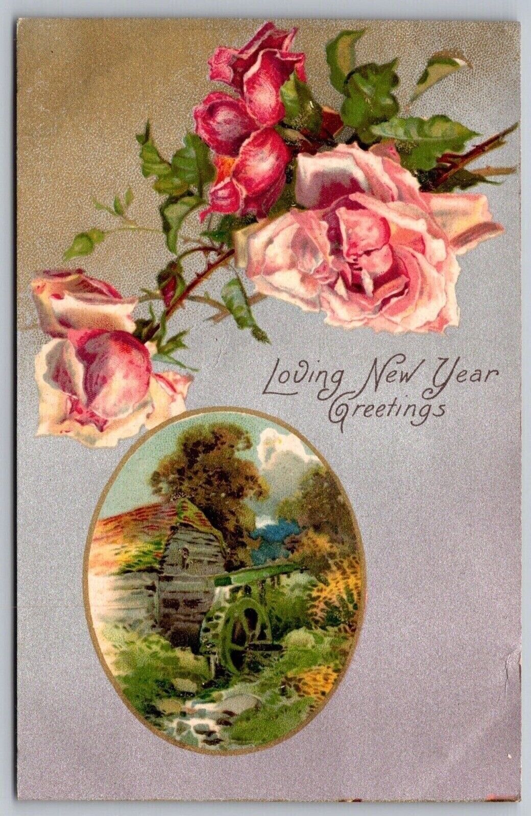 Loving New Year Greetings Watermill Antique Postcard UDB UNP Unused