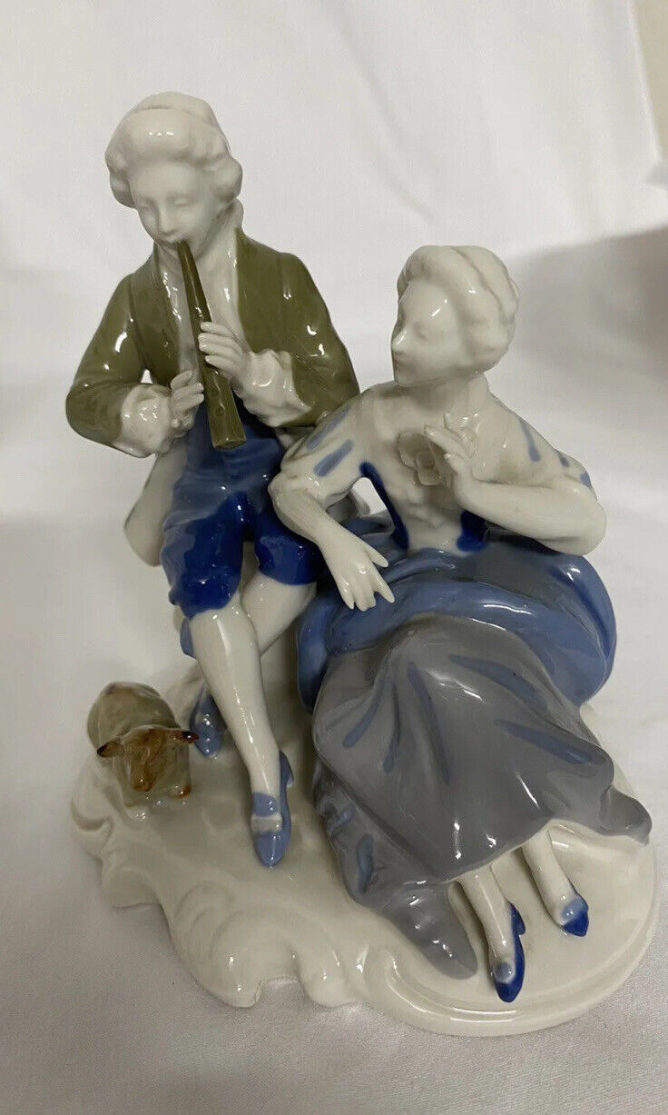 Muller Coblenz Blue Porcelain Figurine Man Playing Flute Woman Sheep German Made