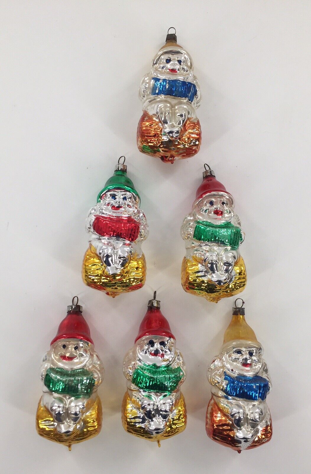 Set/6 VTG Christmas Ornaments, Mercury Figural Clowns Playing Accordions, 4”