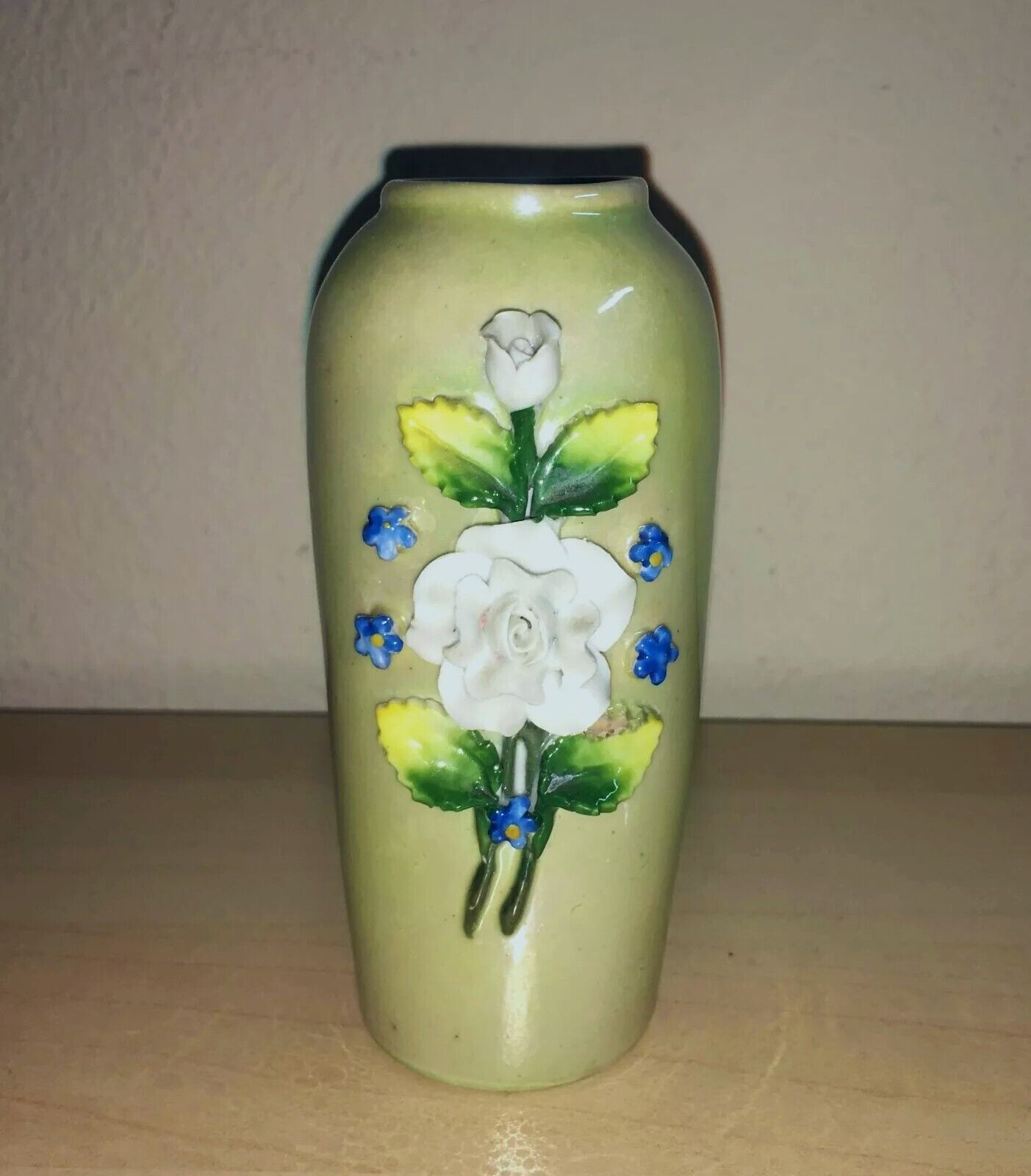 Vintage Antique Elfinware Mossware Green Bud Vase Germany Luster Applied Flowers