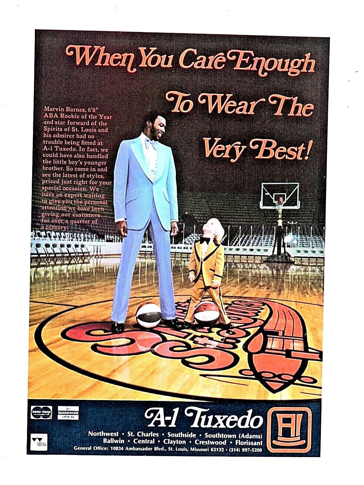  Marvin Barnes St Louis Spirits ABA  Vintage 1976  A 1 Tuxedo Original Print Ad