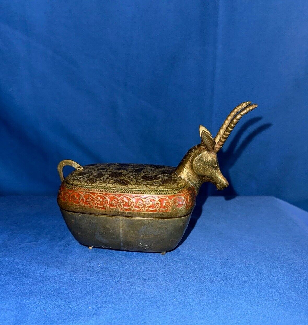 Vintage Footed Brass Long Horned Animal Trinket Box