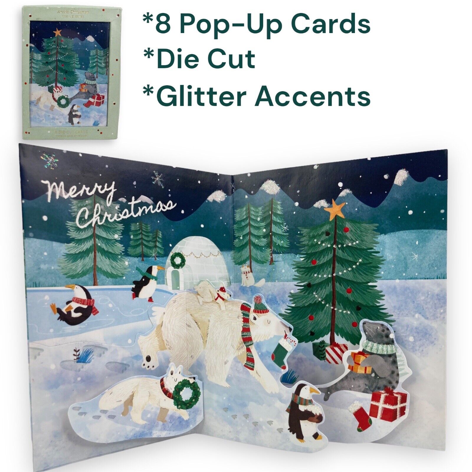 Arctic 3D Pop-Up Christmas Holiday Cards Small Die Cut Polar Bear 8-Pack NOB