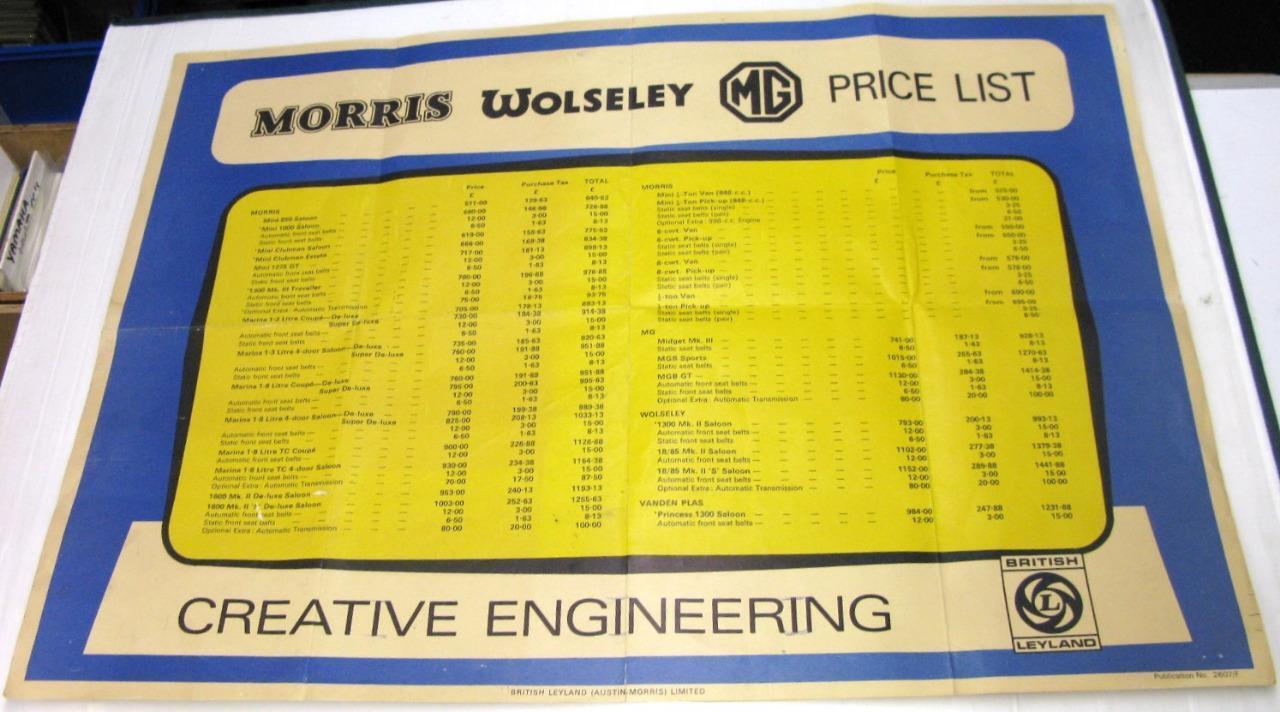 BRITISH LEYLAND Morris Wolseley MG VDP Showroom Poster-style Price List 1969 on