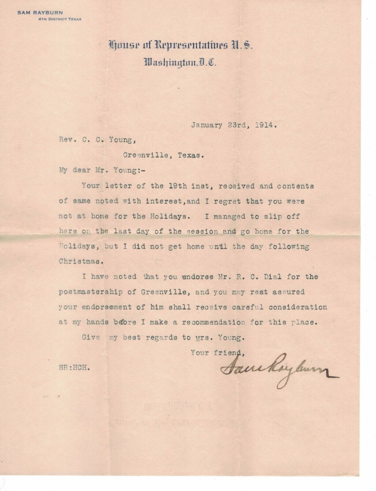 EARLY 1914 Sam Rayburn Signed Letter U.S. House Rep Texas Speaker of the House