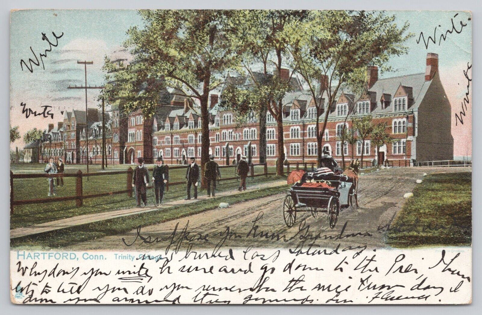 Trinity College Hartford CT Antique Undivided Back Postcard c1909 Horse Buggy