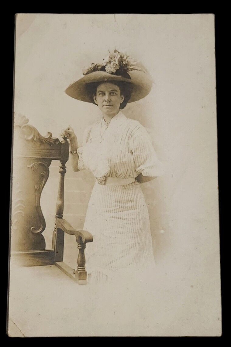 RPPC Victorian woman large hat flowers Postcard Unstamped unused Cobb\'s Studio