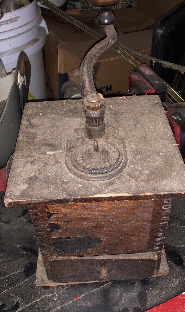 Antique Cast Iron and Wood Coffee Grinder Mill Dovetail Corners Vintage Kitchen