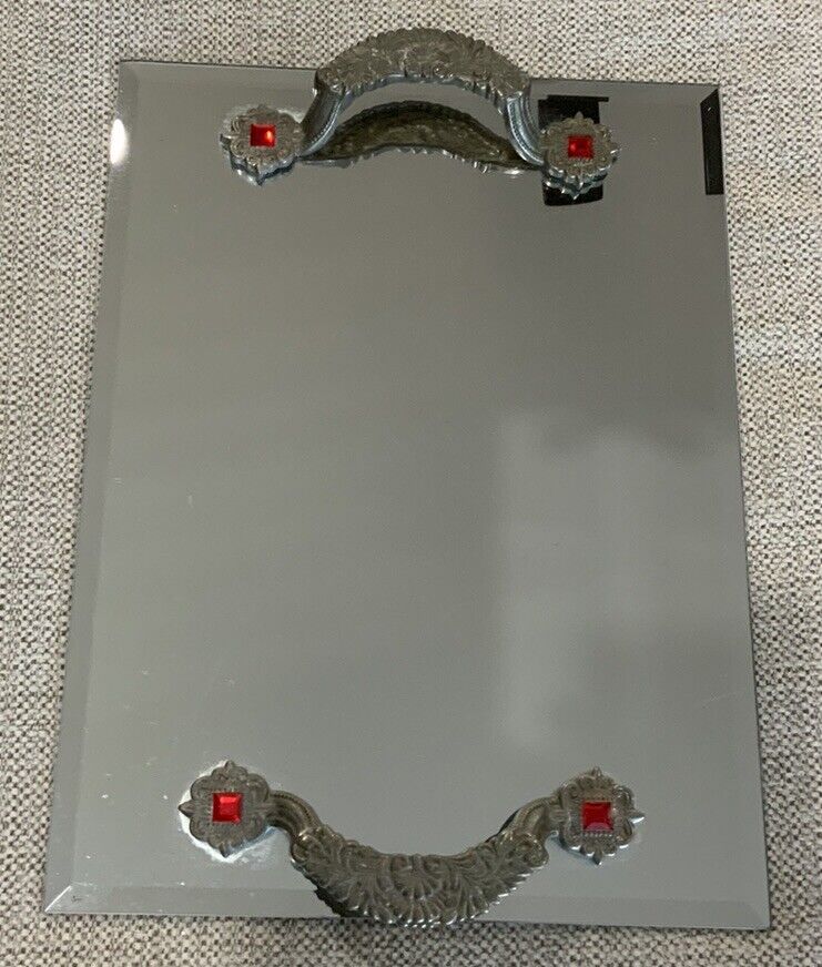 Vtg Studio Silvers Jeweled Mirror Silver Plated Red Stone Vanity Tray 16” X 12”