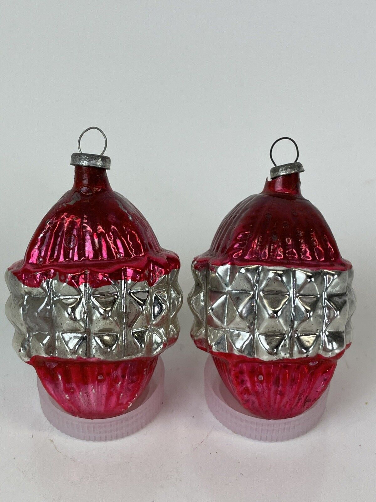 Vintage Lot of 2 Red and Silver  Mercury Glass Christmas Ornament Lantern 2”