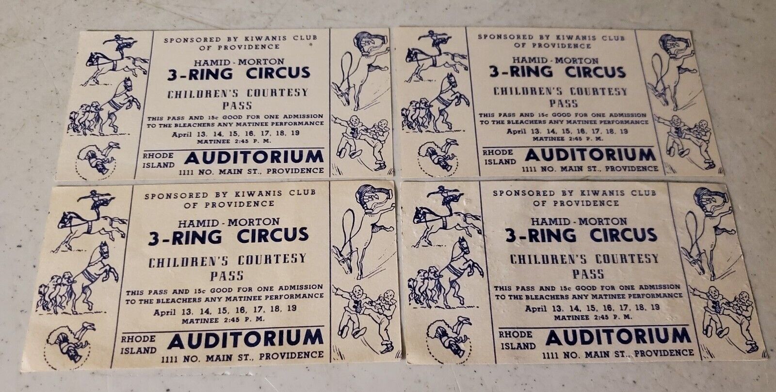 4 Lot Vintage Original 1945 Hamid Morton 3 Ring Circus Providence RI 15¢ Tickets