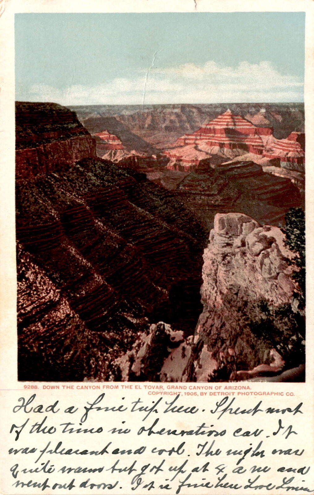 Grand Canyon, Arizona, El Tovar, observation car, pleasant weather, Postcard