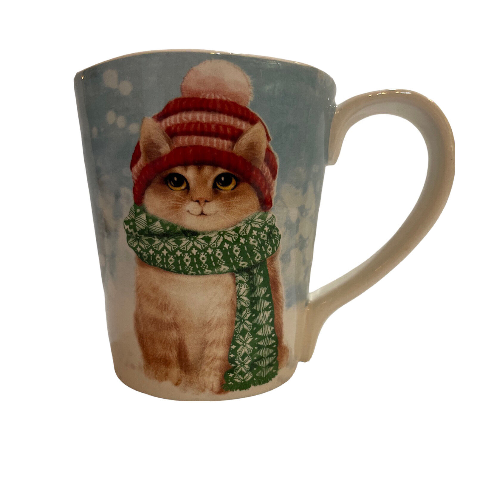 Pier One Orange Tabby Kitty Cat In Hat Scarf 14 Oz Coffee Tea Mug Cozy Winter