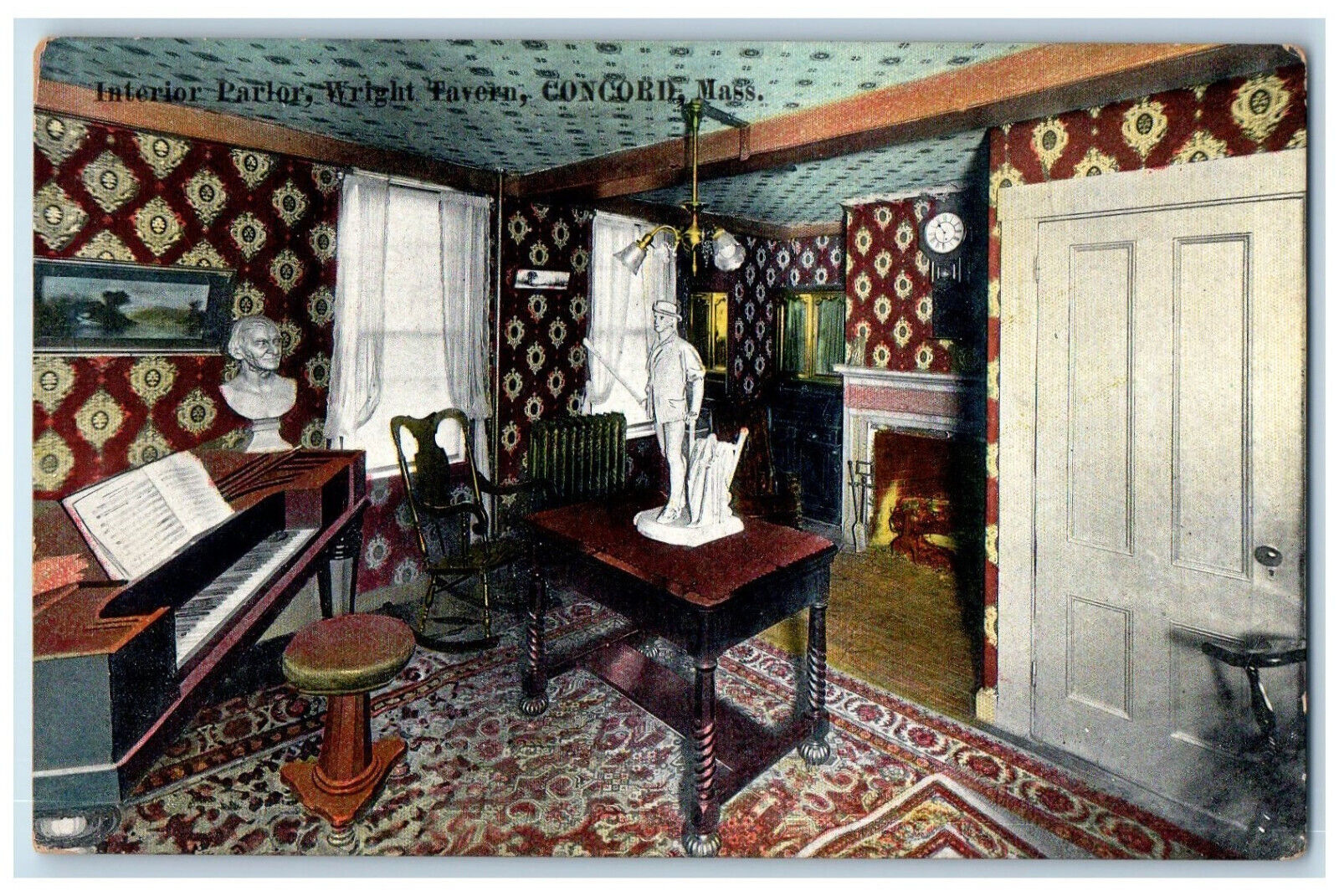 c1910 Interior Parlor Piano Statue Chimney Wright Tavern Concord MA Postcard