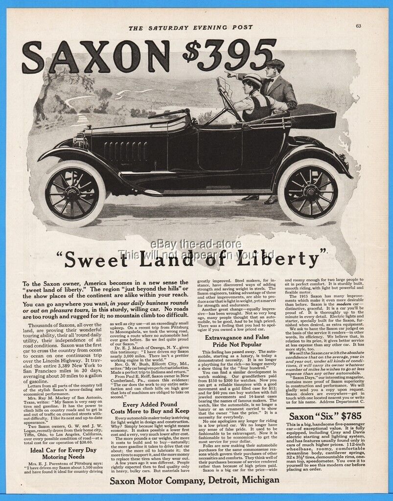1915 Saxon Motor Car Co Sweet Land Of Liberty Two Seat Vintage Magazine Print Ad