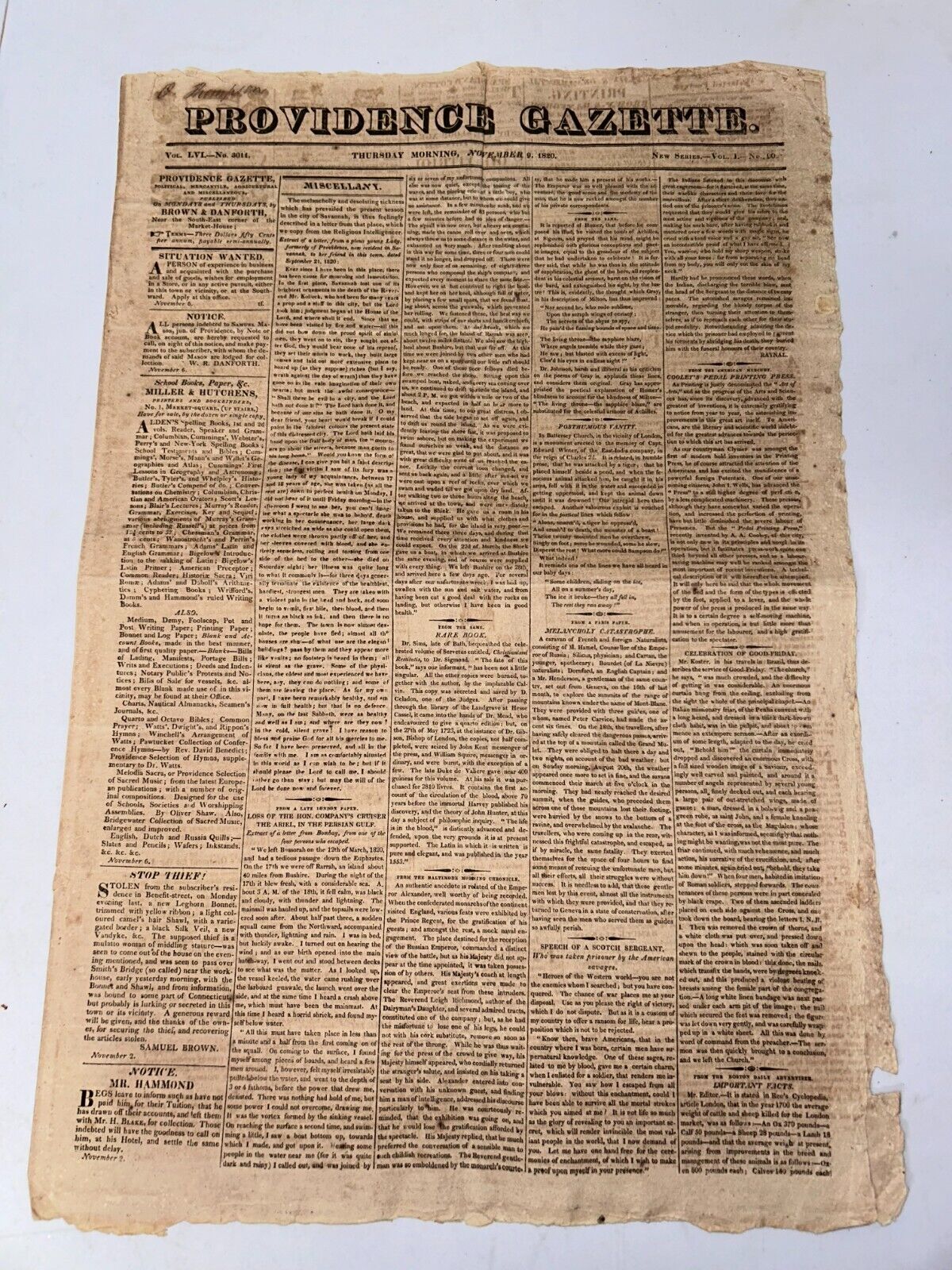 Providence Gazette November 9, 1820 Vol LVI No. 3011 (Vol 1 No. 90) Newspaper