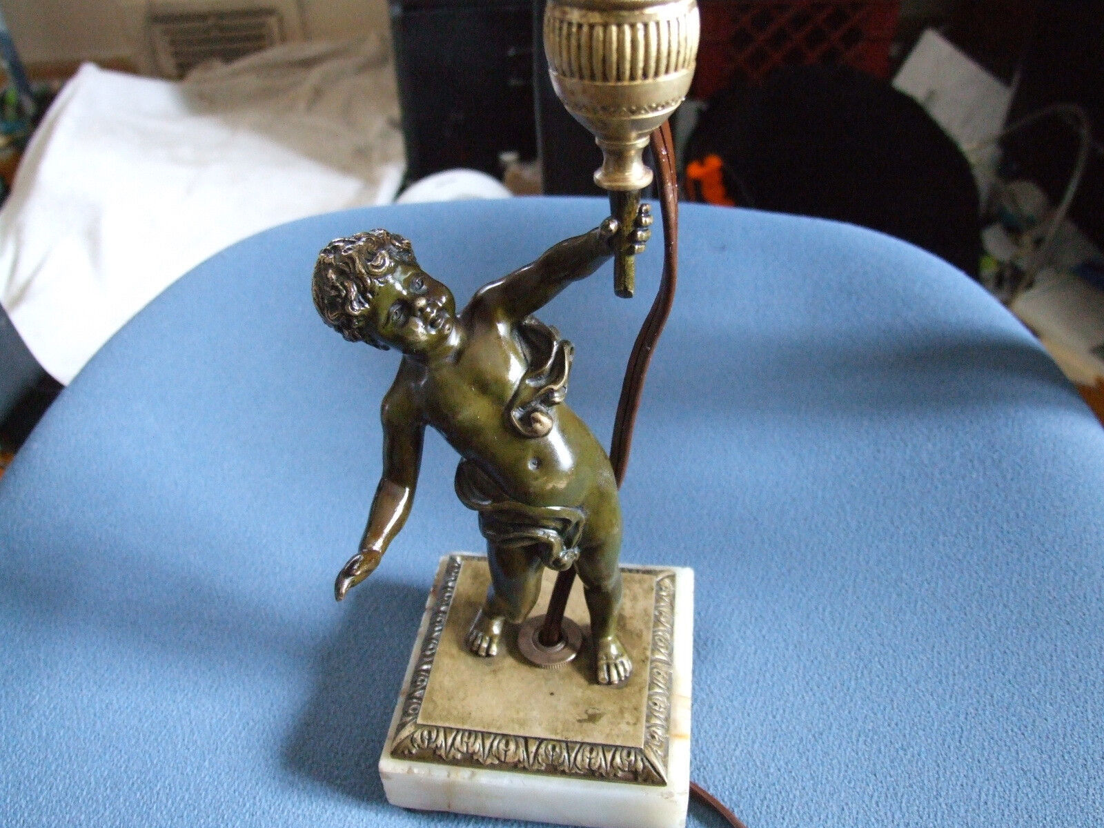 1900\'s Vintage French Bronze & Marble  Boy Child Table Lamp. \