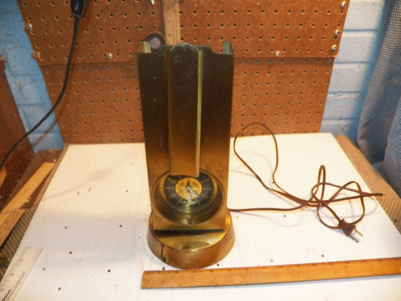 Vintage Art Deco STNOLA Tower Brass Tone Lamp & Clock w/ LANSHIRE Clock
